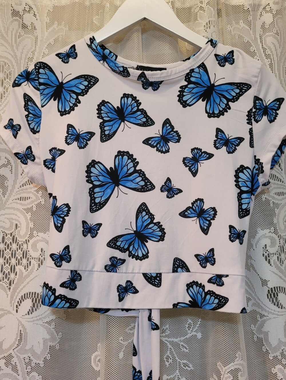 Faded Rose Blue Butterfly Print Cropped Tie-Back Top Womens Size L